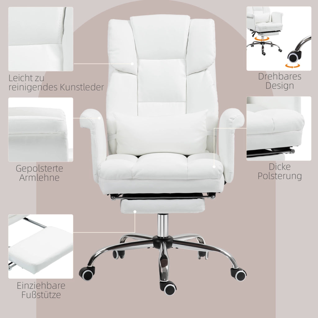 Sedia da ufficio ergonomica con schienale reclinabile e poggiapiedi in pelle rigenerata bianca 69 × 65 × 107-115 cm