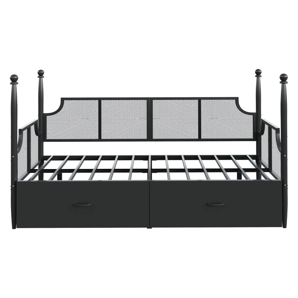 OKWISH Letto Divano 90×200 cm, Letto Singolo con 2 Cassetti, Schienale a Rete e Braccioli, senza Materasso, in Metallo, Nero