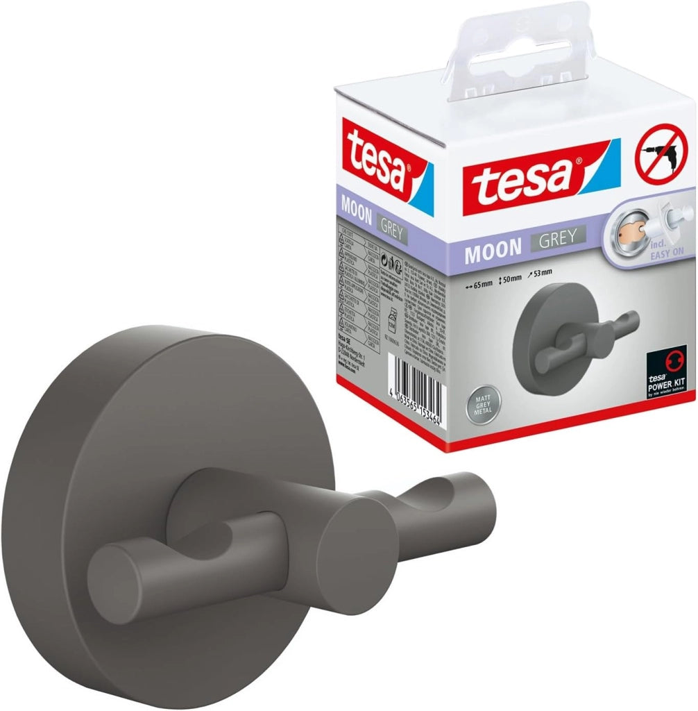 MOON GREY Portasciugamani a 2 Bracci per bagno e WC in stile industriale e bagni moderni - Senza foratura, soluzione adesiva inclusa - 84 mm x 50 mm x 456 mm - Grigio opaco