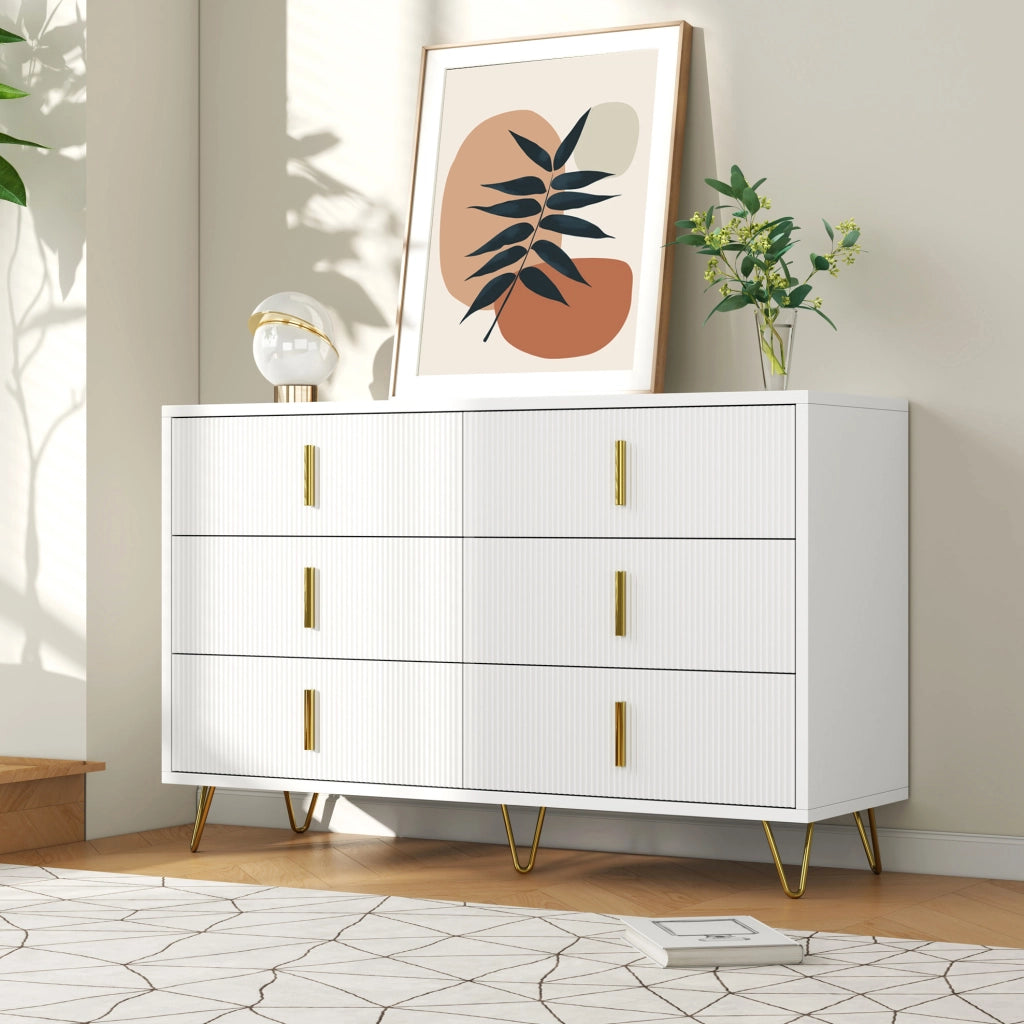 Credenza 120x40x77 cm bianca e oro – 6 cassetti, ampio spazio