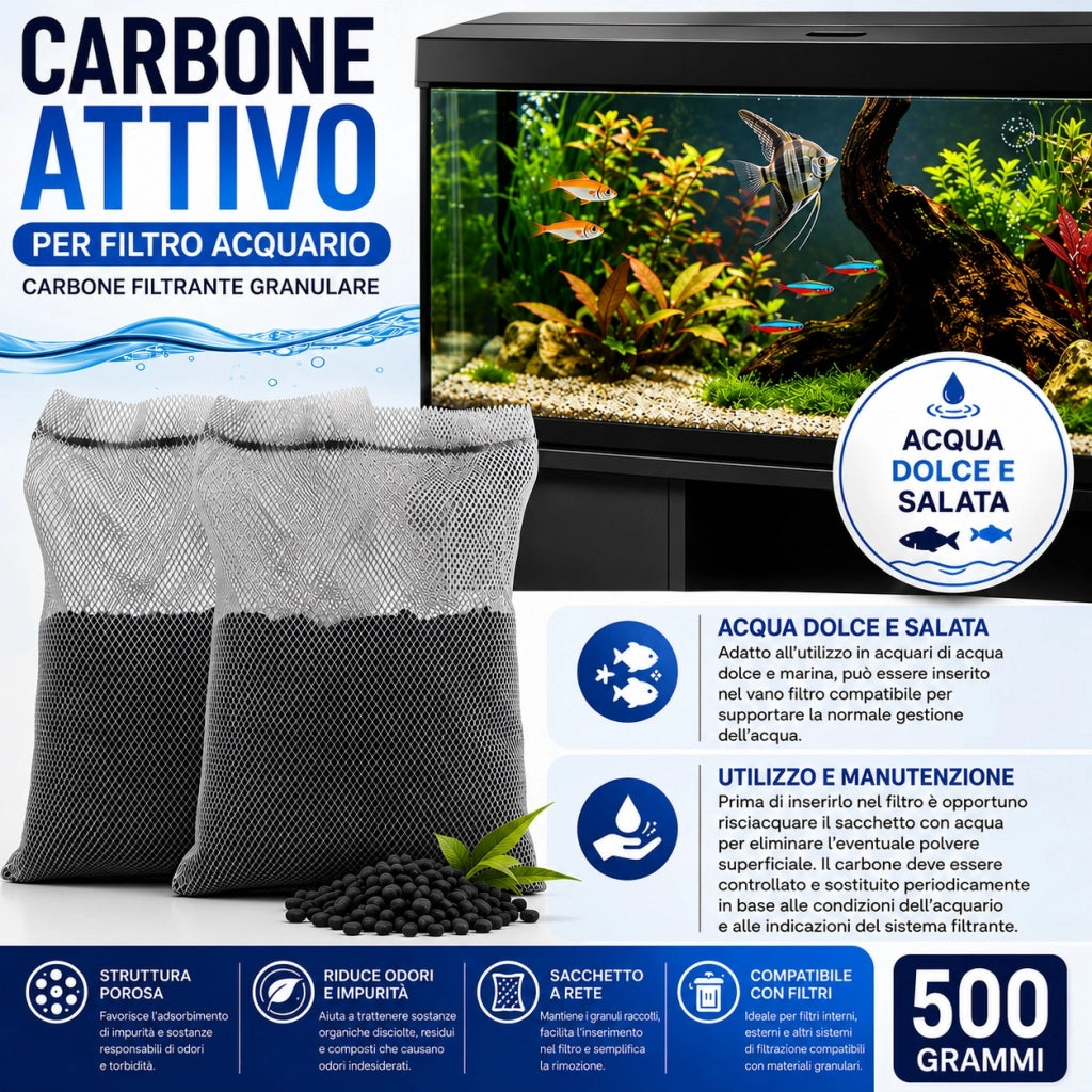 Carbone Attivo per Acquario Acqua Dolce e Salata Filtro 150g/300g/500g 500 g