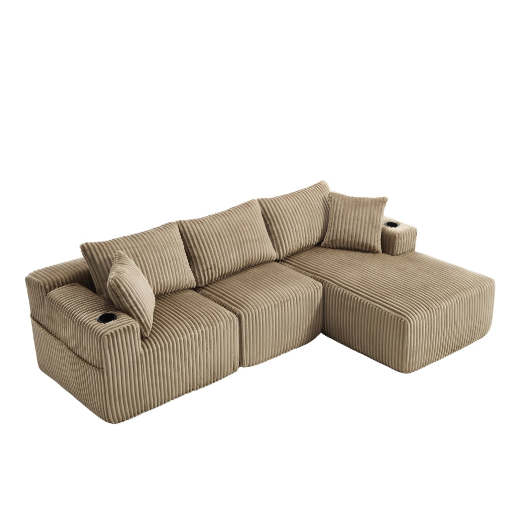 Canapé modulare con chaise longue e 2 posti con tasche laterali portabicchieri e 5 cuscini in velluto khaki