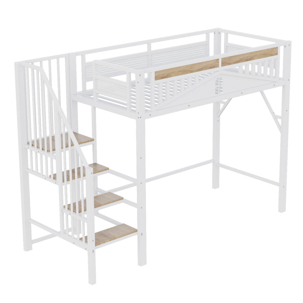 Letto a soppalco 90x200 cm in metallo e legno; con scala laterale; bianco
