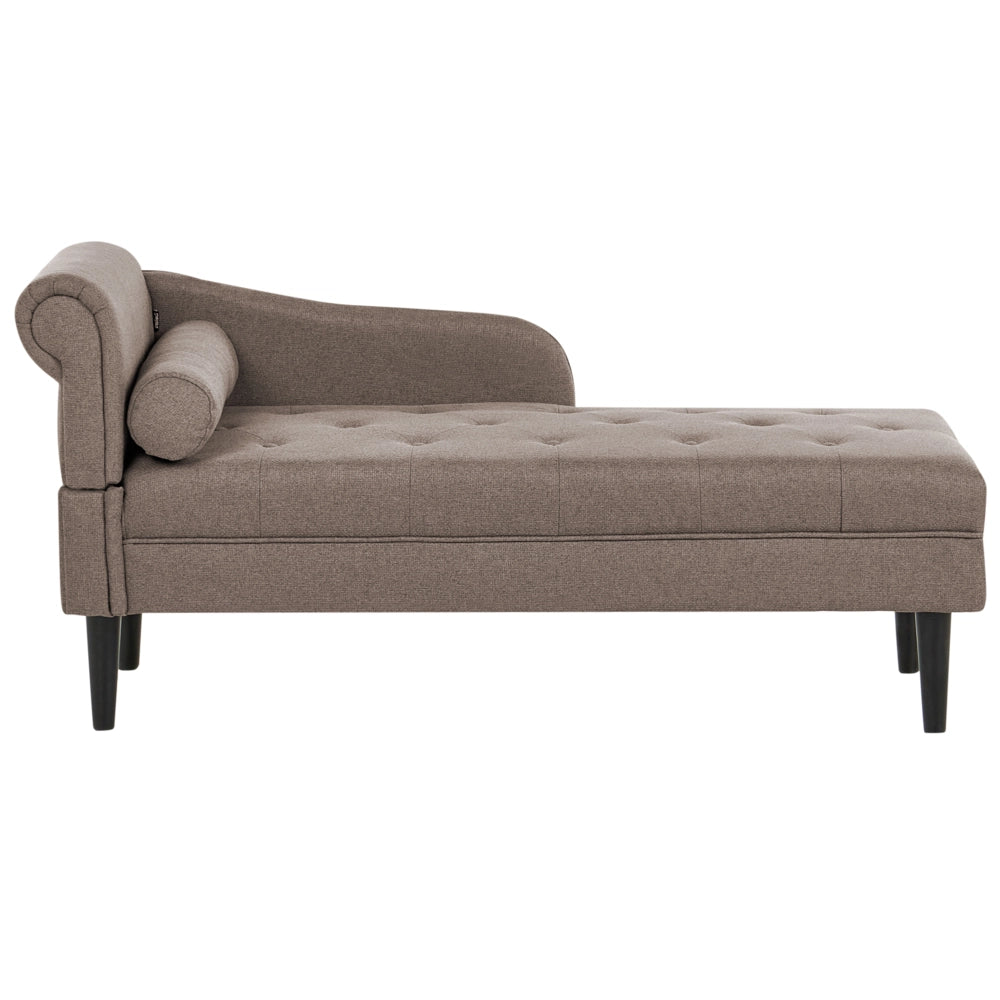 Chaise longue sinistra in tessuto tortora imbottita con cuscino facile da pulire, gambe in legno, soggiorno moderno