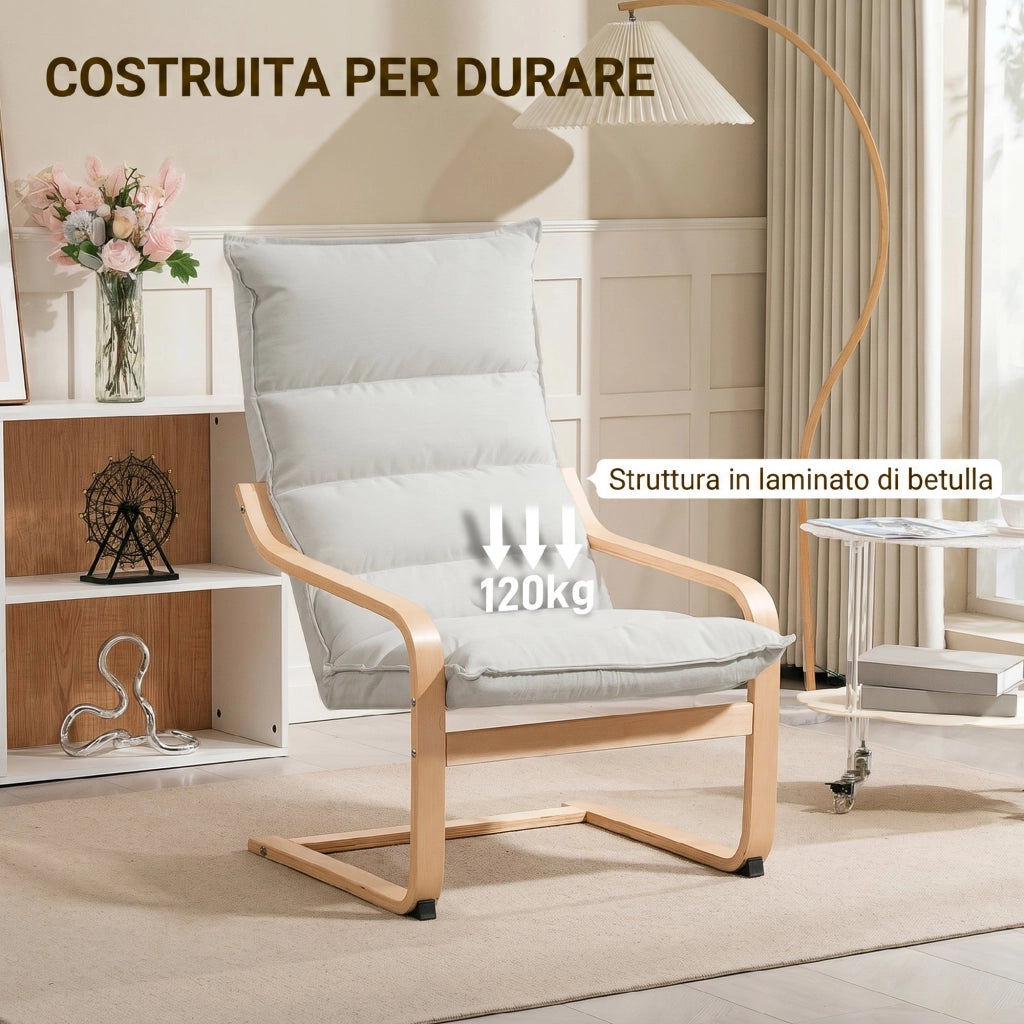 Poltrona a Dondolo Moderna 67x83x105 cm con Braccioli in Legno e Cuscini Spessi in Velluto Crema