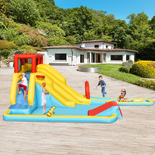 Castello gonfiabile per bambini con 2 scivoli basket-Parco giochi acquatico cannone ad acqua parete di arrampicata pallone Colorato