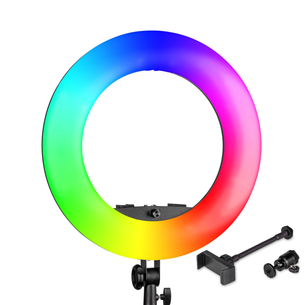 Ring light a LED Rainbow RGB da 60 W, Bi-Color, controllo tramite app, Luce ad anello per foto e video con supporto smartphone