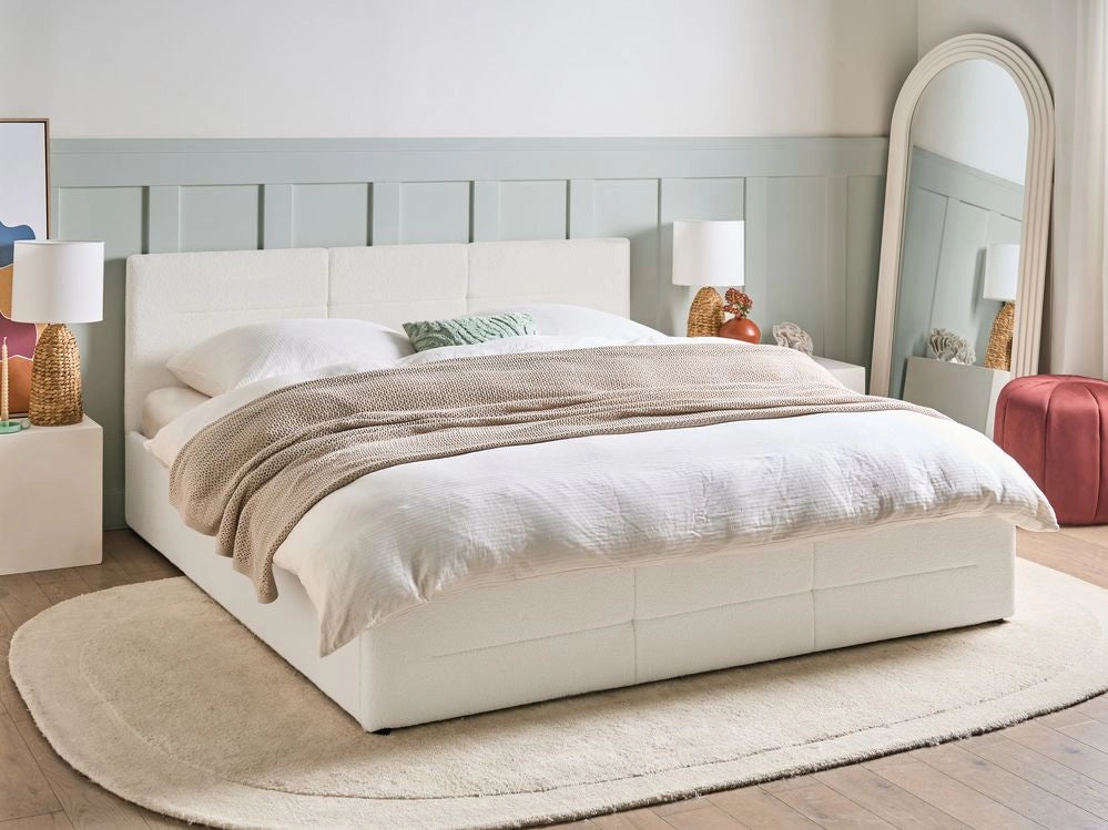 Letto ottomano bianco sporco bouclé 180x200 cm con testiera sollevabile e base a doghe Design moderno
