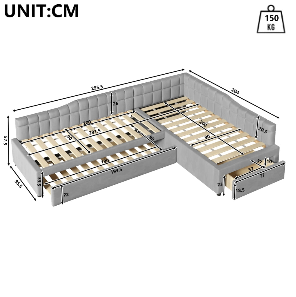 Letto a L 90x200 cm con letto estraibile e cassetti in MDF grigio