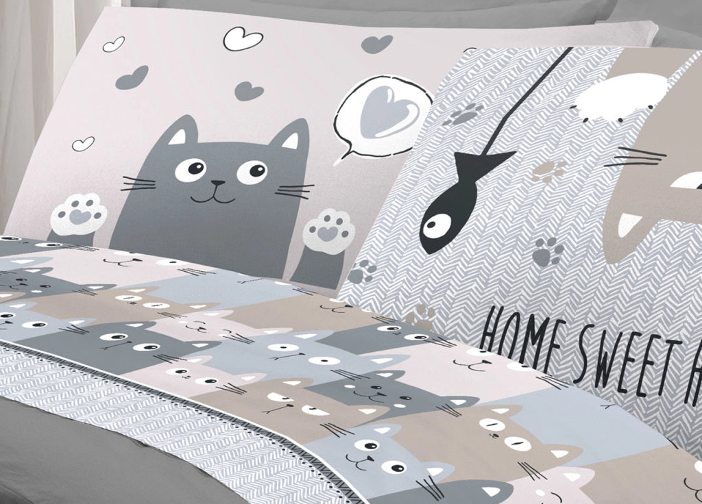 Completo Lenzuola Letto Pensieri Delicati 100% Cotone Disegno Happy Cat - Piazza E Mezza - Grigio