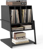 Supporto per Giradischi, Mobile Porta Giradischi con 4 Scomparti e Ripiani Aperti, Scaffale per Dischi in Legno con Ruote e Piedini Regolabili (Nero, Nessuna Presa di Corrente)