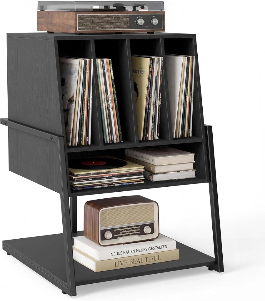 Supporto per Giradischi, Mobile Porta Giradischi con 4 Scomparti e Ripiani Aperti, Scaffale per Dischi in Legno con Ruote e Piedini Regolabili (Nero, Nessuna Presa di Corrente)