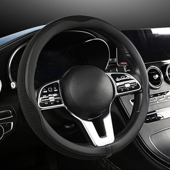 Auto stuurhoes universale 15 pollici, tessuto microvezzolato in pelle, tecnologia respirante, antiscivolo, confortevole, caldo in inverno e fresco in estate, nero