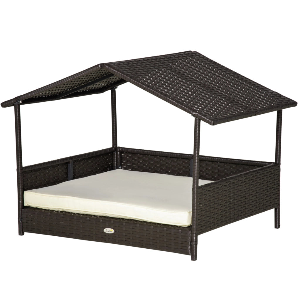 Cuccia rialzata in rattan per cani con tetto e cuscino 98x69x73 cm
