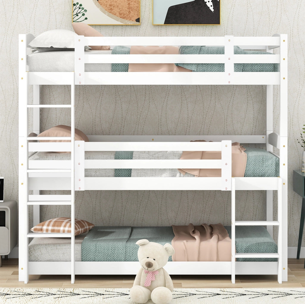 Letto a castello triplo per bambini 90x200 cm in legno di pino e MDF; bianco