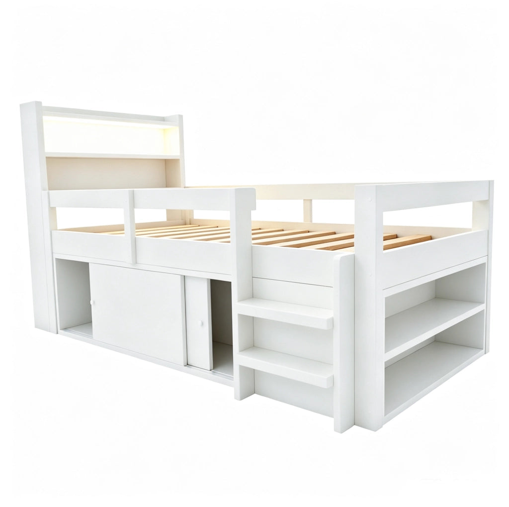 Letto a soppalco 90x200 cm con contenitore; LED e USB in legno bianco