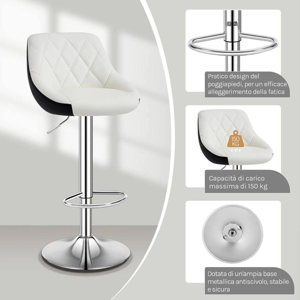 Sgabello cucina, Sgabello da Bar, Sedia da Bar Girevole Regolabile in Altezza, con Schienale Poggiapiedi, in PU, Bianco, BH30ws-1