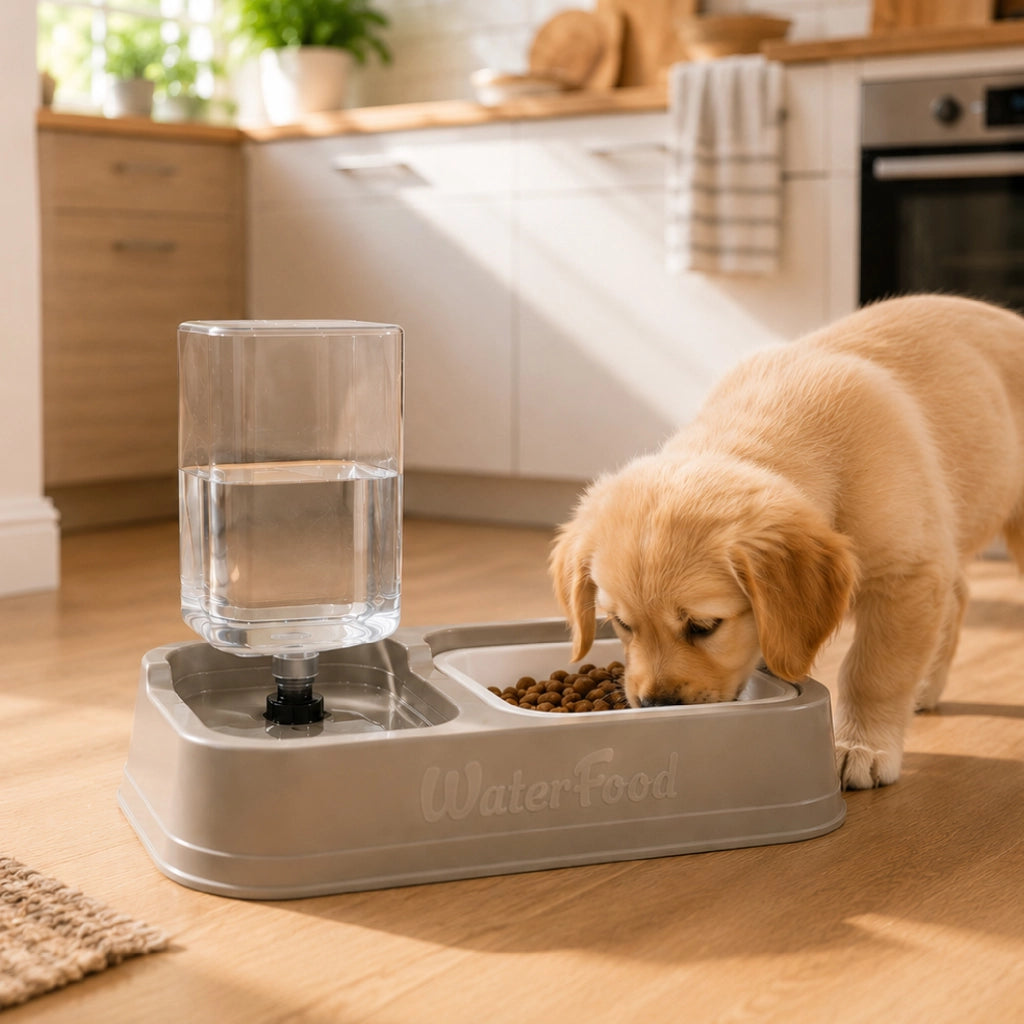 Dispenser Automatico 2 in 1 per Cani e Gatti con Abbeveratoio a Gravità e Ciotola Rimovibile, Alimentazione e Idratazione Continua, 34 x 20,5 x 7 cm, Colore Casuale