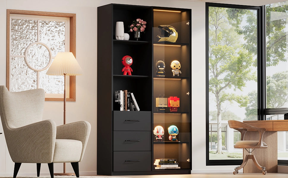 Libreria vetrina con LED e 3 cassetti, con 3 vani aperti e porta in vetro temperato, nero, 80 × 40 × 160 cm