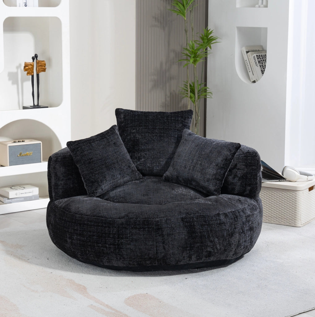 Poltrona sacco 108x108x52 cm con schienale avvolgente e braccioli in chenille nero