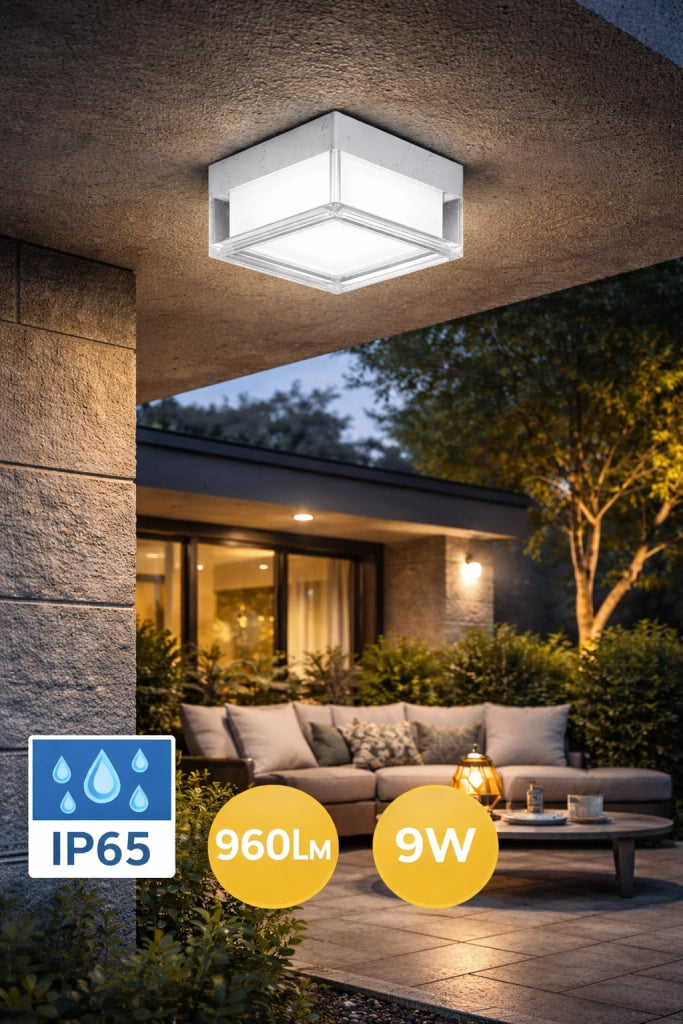 Plafoniera LED 9W IP65 Quadrata Bianco 960LM CCT Switch 2800K 4000K 6000K Lampada Soffitto o Parete Esterno 13x13 cm