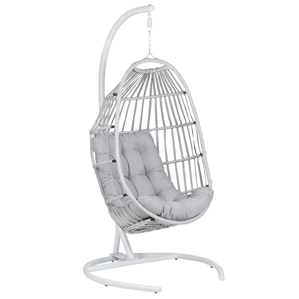 Poltrona Sospesa con Piedistallo in Rattan Grigio Chiaro Stile Boho Moderno