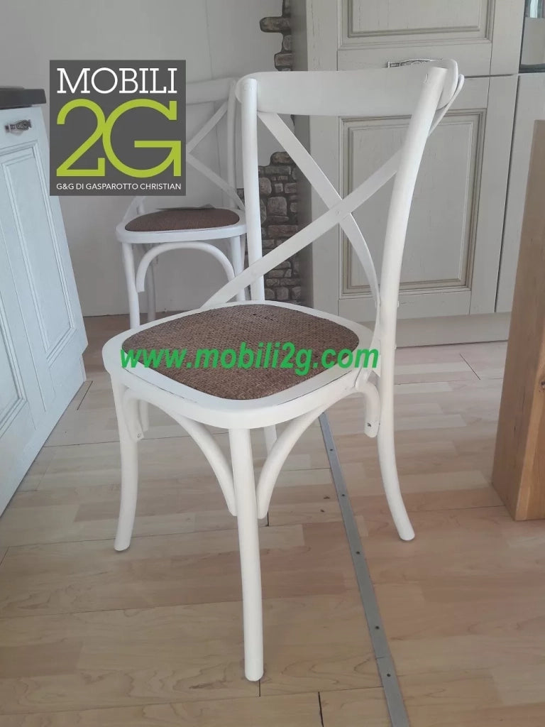 Set 4 sedie cross bistrot shabby vintage bianco olmo seduta rivestita rattan naturale modello