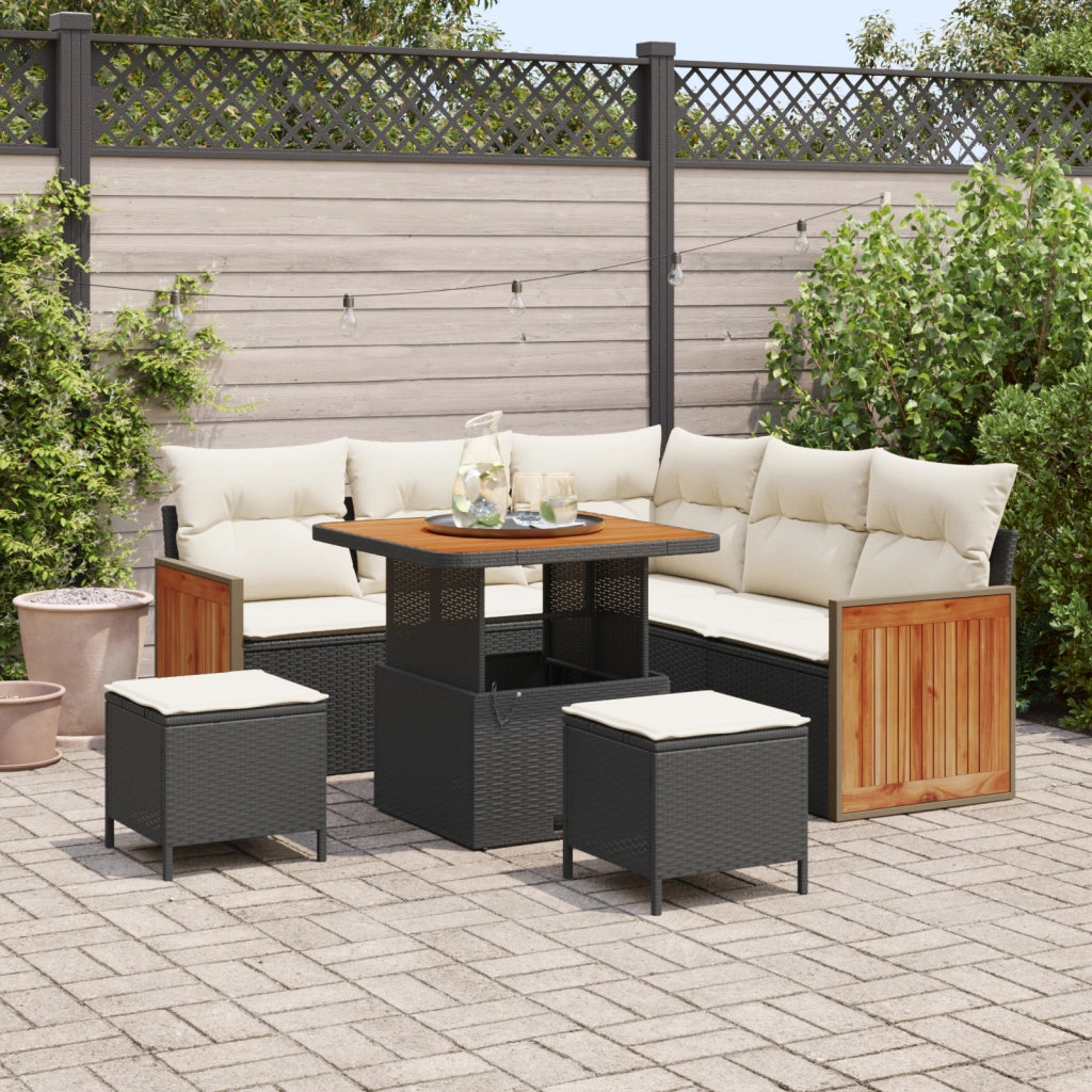 Set Divani Giardino  8 Pezzi con Cuscini Nero Polyrattan Acacia