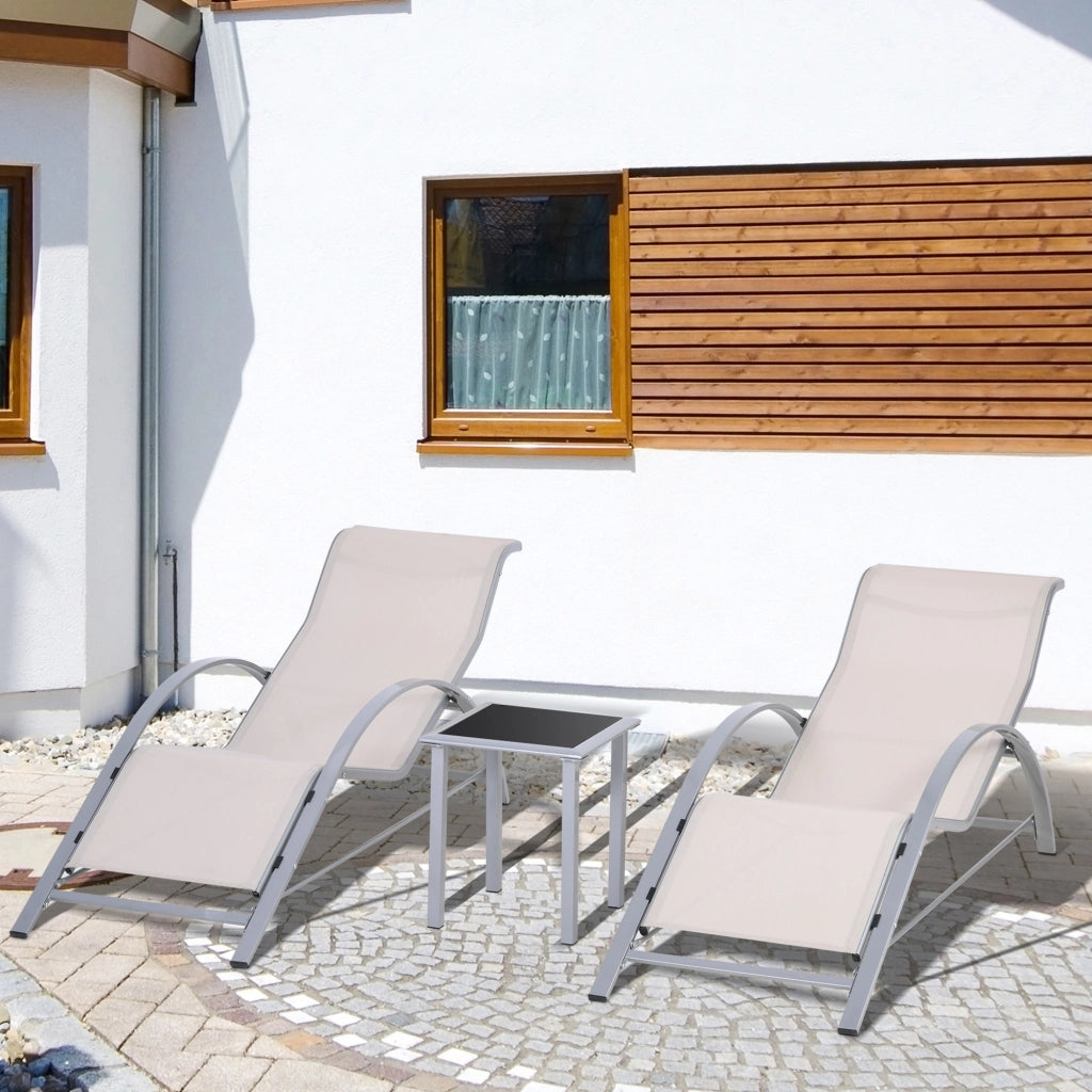 Set di 2 Lettini Prendisole 59x169x66 cm e Tavolino con Piano in Vetro Crema