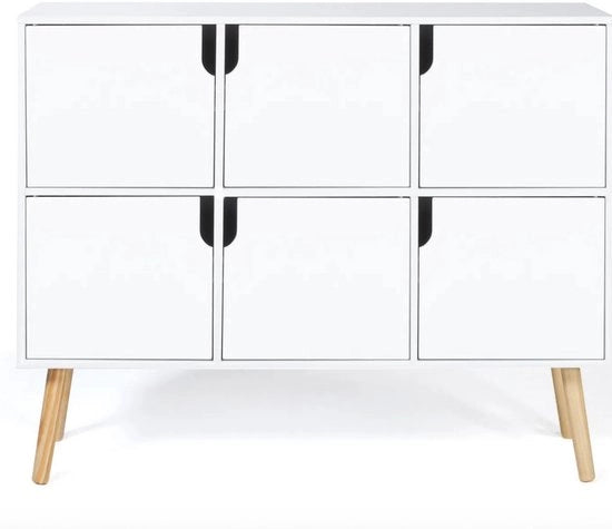 Cassettiere per Bambini con 6 Scatole – Cassa di Archiviazione in Legno Bianco – Armadio per la Camera dei Bambini – Cassa di Archiviazione per Giochi con Porte – 100 x 30 x 80 cm