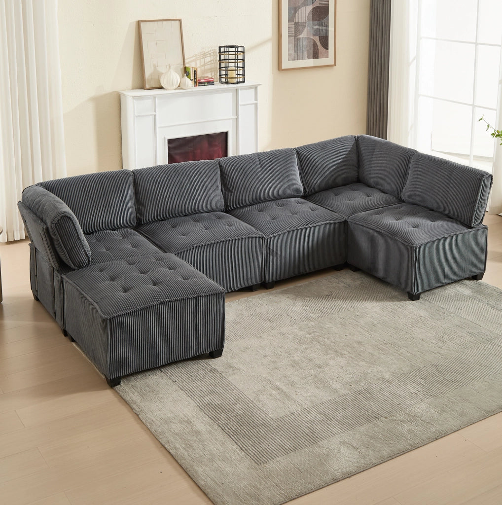 Divano modulare 6 posti in corduroy grigio; componibile in U o L; 308x154x81;99 cm