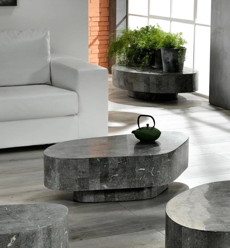 Tavolino Trapezio in Pietra Fossile Gray Stone con Struttura in Compensato Marino - Design Moderno ed Elegante Dimensioni 100x52 cm