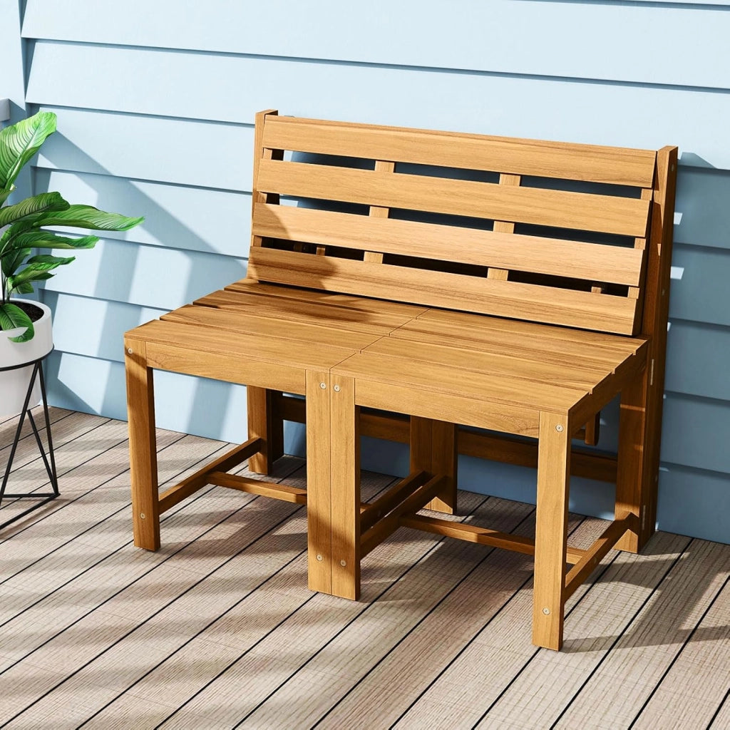 Panca Esterno Trasformabile 3 in 1, Panchina Giardino in Legno di Acacia con Schienale, Set Mobile Esterno con Tavolino e 2 Sedie, Supporto Piante per Terrazzo, Patio e Balcone