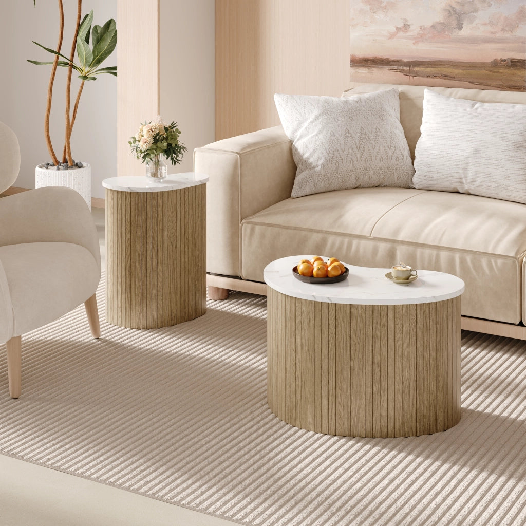 Tavolini bassi impilabili con design curvo piano effetto marmo e legno MDF naturale e bianco 60 × 37 × 38 cm