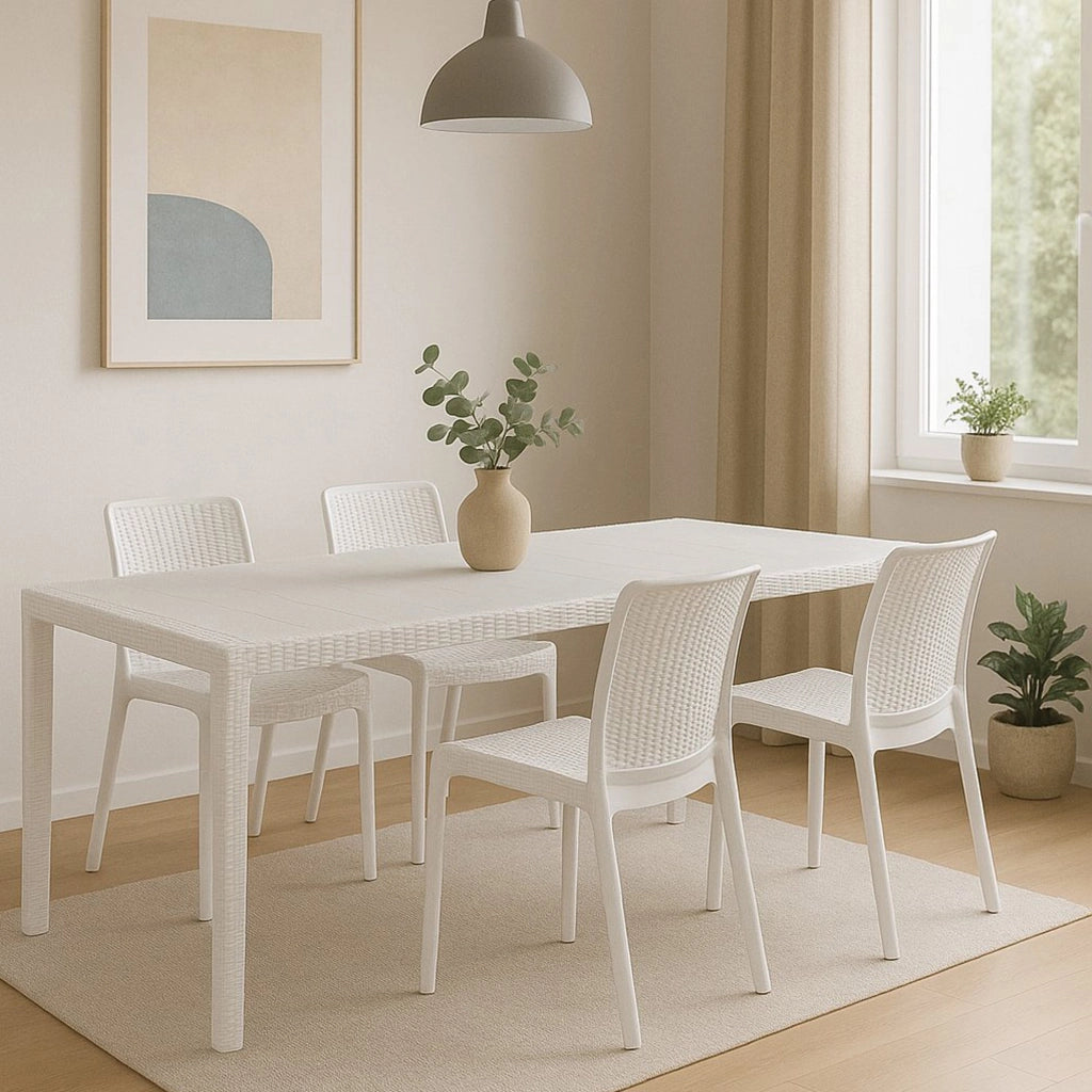 Set tavolo e sedie Cortanze, Salottino indoor, Tavolo rettangolare allungabile con 4 sedie con braccioli, Made in Italy, Bianco
