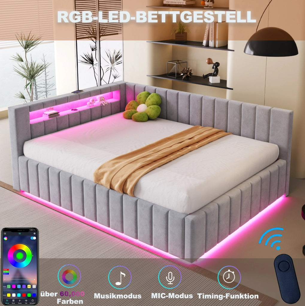 Letto imbottito ULEVR 140x200 cm con contenitore idraulico, LED e USB, velluto grigio