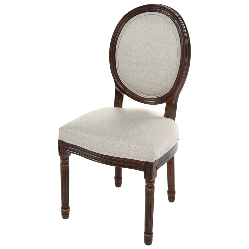 Set di 2 sedie da pranzo con struttura in legno e rivestimento in tessuto marrone scuro e beige, stile country francese shabby chic vintage