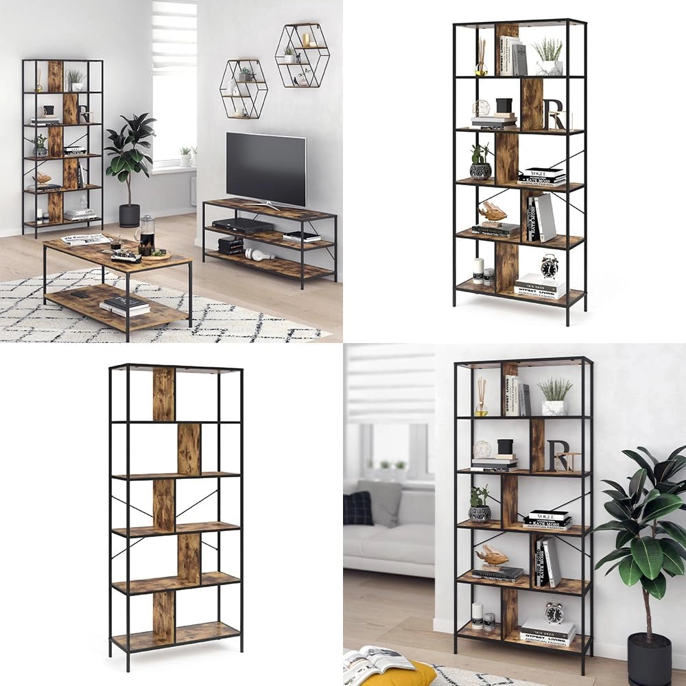 Divisorio per ambienti Fyrk, Legno antico, 80 x 180 cm, utilizzabile come divisorio con struttura in metallo e ripiani aperti
