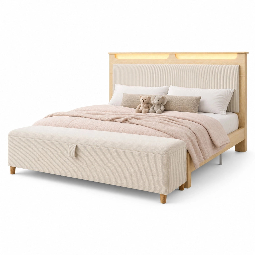 Letto matrimoniale 160x200 cm in legno con testiera LED, vano portaoggetti e panca contenitore beige