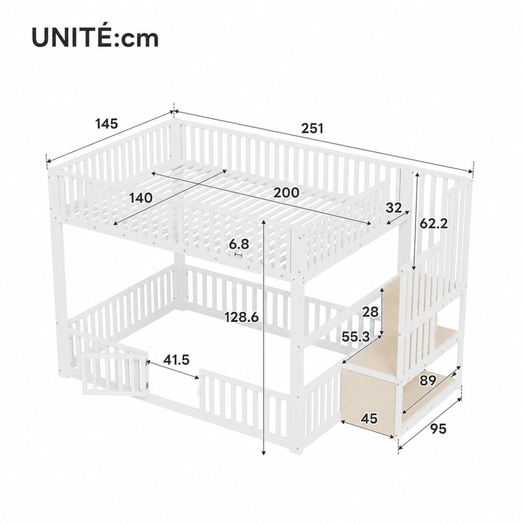 DESMIU Letto a castello 140 × 200 cm 2 posti con LED, scala contenitore, senza materasso, in MDF e metallo, bianco