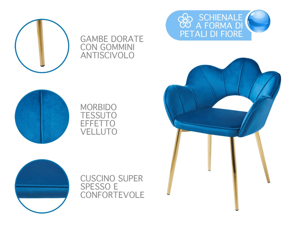 Poltrona Camera da Letto in Velluto Design Moderno, Sedia Conchiglia con Gambe in Metallo Placcato Oro Poltroncina da Salotto e Cucina con Seduta Morbida Imbottita Modello Fiorella - Blu