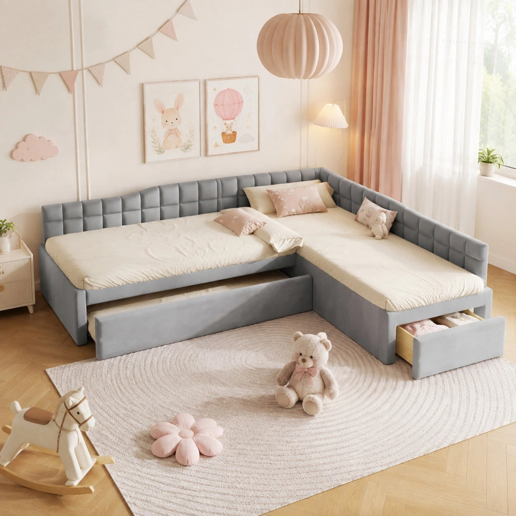 Letto imbottito angolare a L 90x200 cm con letto estraibile e cassetti; grigio