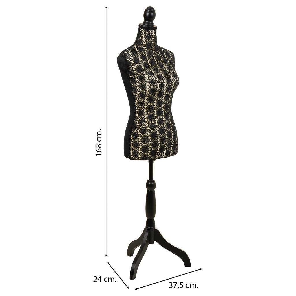 Manichino in legno e schiuma rivestito in tessuto nero 24x37,5x168h