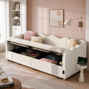 Letto imbottito 90x200 cm con contenitore idraulico, struttura con rete, velluto beige, USB e Type-C