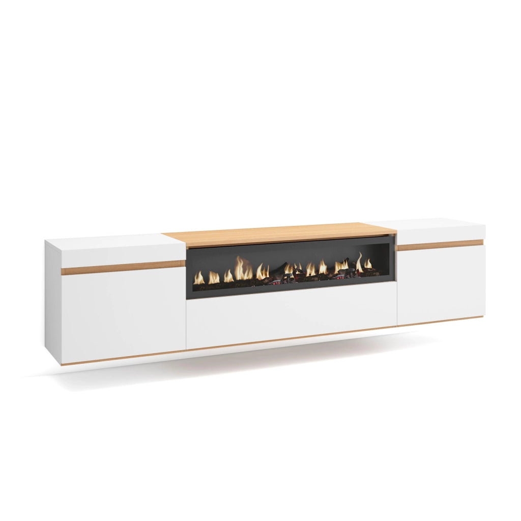 Mobile TV Soggiorno, 200x45x35cm, Per TV fino a 80", Camino elettrico, Sospeso, da appendere, Bianco e Rovere soft