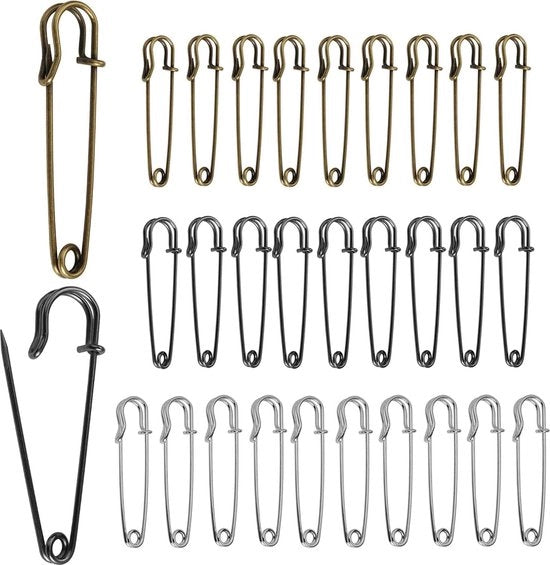 Set di spille di sicurezza robuste e grandi da 30 pezzi - spille di sicurezza ordinate per coperte, maglieria, gioielli e artigianato - argento, oro, nero.