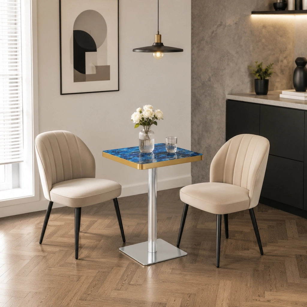Tavolo da pranzo quadrato con piano effetto marmo e base in metallo stabile, per 2-4 persone, blu, 60 × 60 × 74 cm