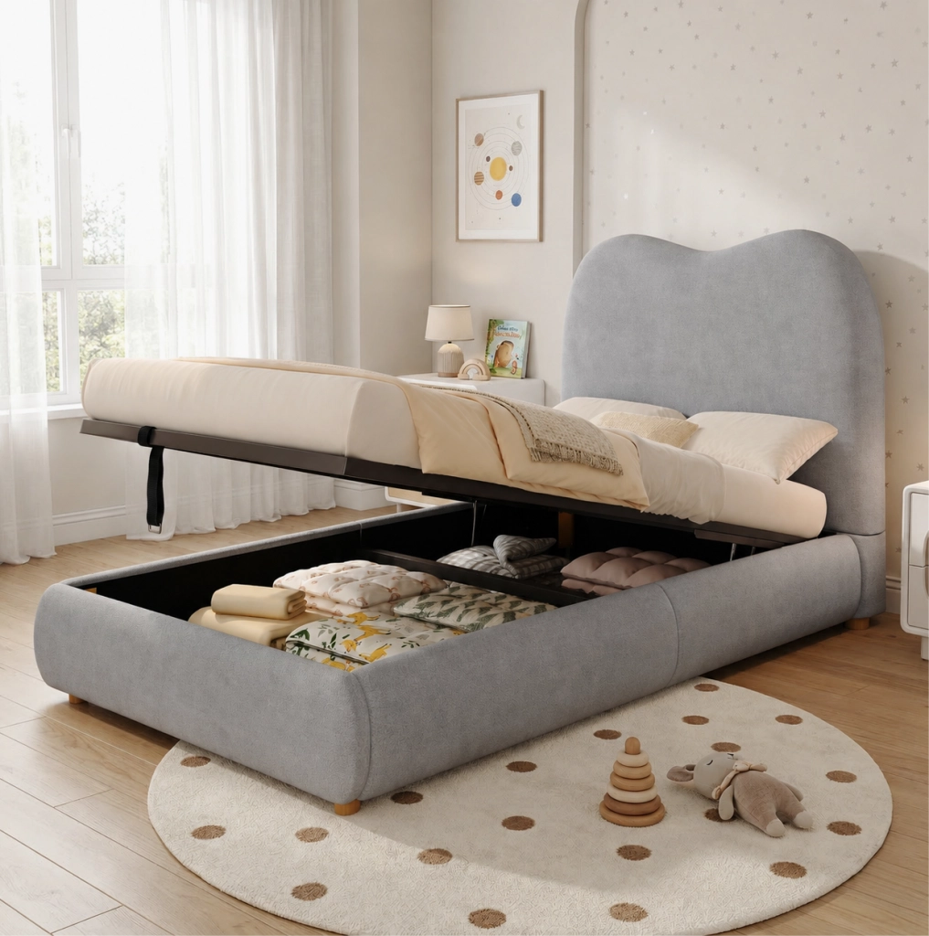 Letto imbottito per bambini con vano contenitore e rete a doghe