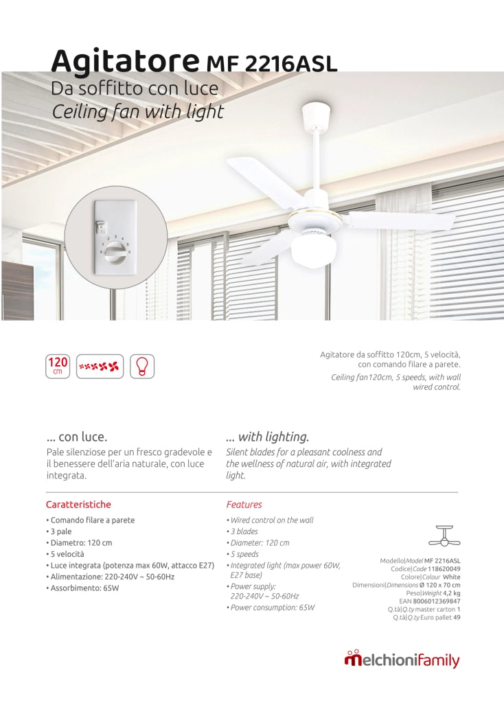 Ventilatore da Soffitto con Luce Melchioni Family MF2216ASL Ø120 cm, 3 Pale, 5 Velocità, Comando a Parete, Bianco