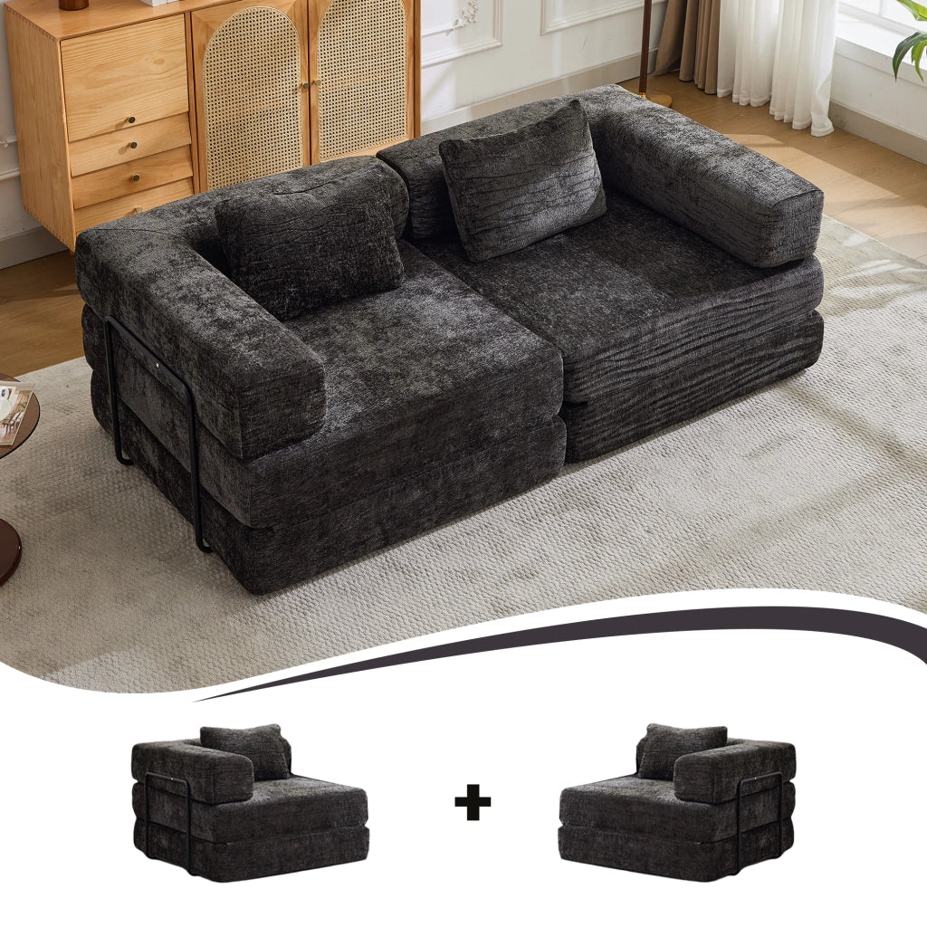 Divano letto modulare a 2 posti in chenille nero convertibile pieghevole senza montaggio 38 × 107 × 44 cm